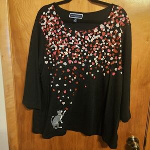 Karen Scott 2X Cat And Heart 3/4 Sleeve Shirt